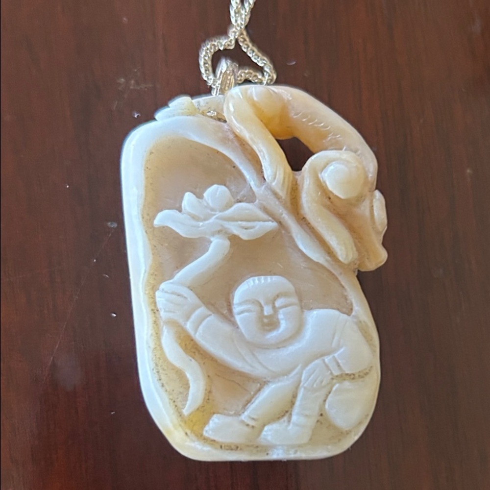 Whimsical Vintage Carved White Jade Pendant Necklace. Chinese